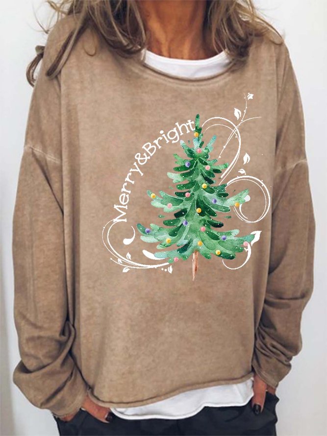 Women Merry And Bright Christmas Tree Crew Neck Loose Casual Sweatshirt