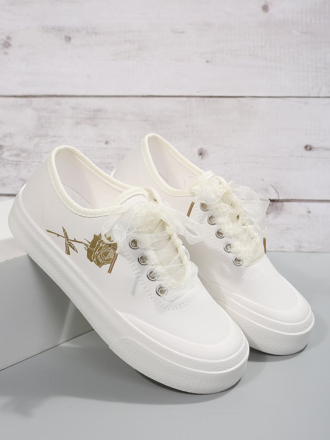 Women's Rose Printing Lace-Up Flat Sneakers