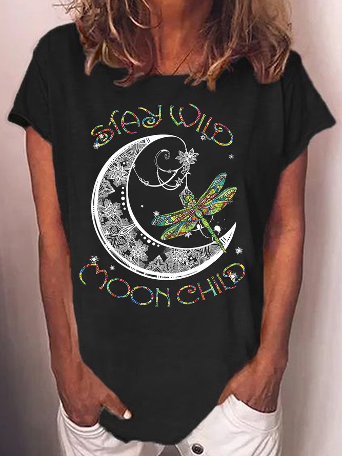 Womens Stay Wild Moonchild Dragonfly Letters Casual T-Shirt