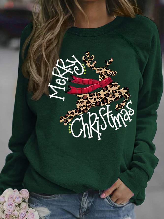 Women's Merry Christmas Leopard Grain Deer Graphic Print Crew Neck Casual Sweatshirt