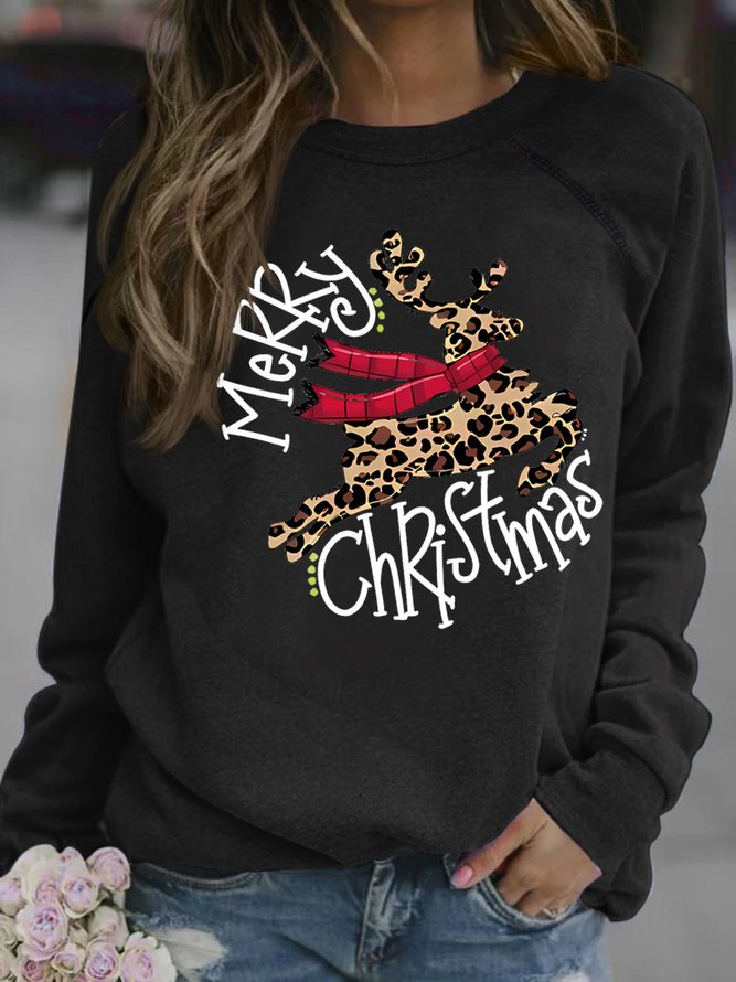 Women's Merry Christmas Leopard Grain Deer Graphic Print Crew Neck Casual Sweatshirt