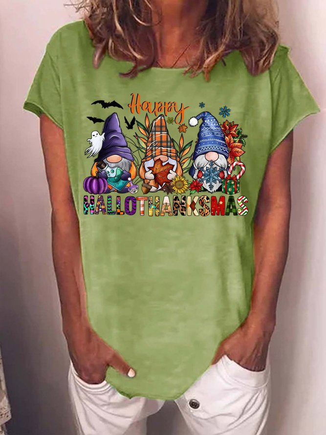 Women's Happy Hallitanksmas Merry Christmas Funny Christmas Gnome Graphic Print Loose Casual Crew Neck T-Shirt