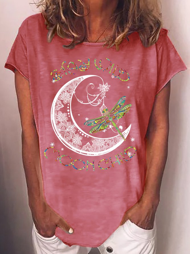 Womens Stay Wild Moonchild Dragonfly Letters Casual T-Shirt