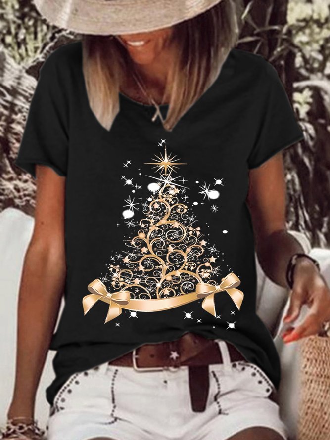 Women Crew Neck Christmas Tree Print T-Shirt