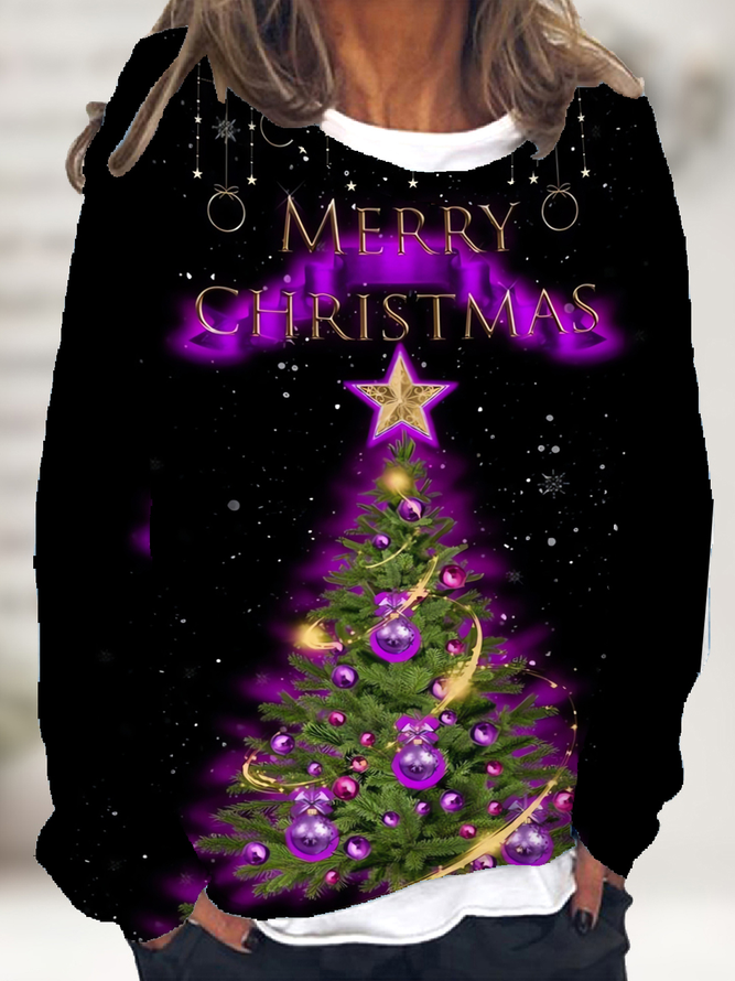 Women Christmas Tree Loose Off Shoulder Sleeve Casual Sweatshirt