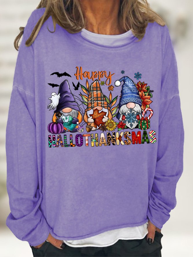 Women's Happy Hallo Thanks Mas Funny Gnome Christmas Graphic Print Casual Loose Sweatshirt