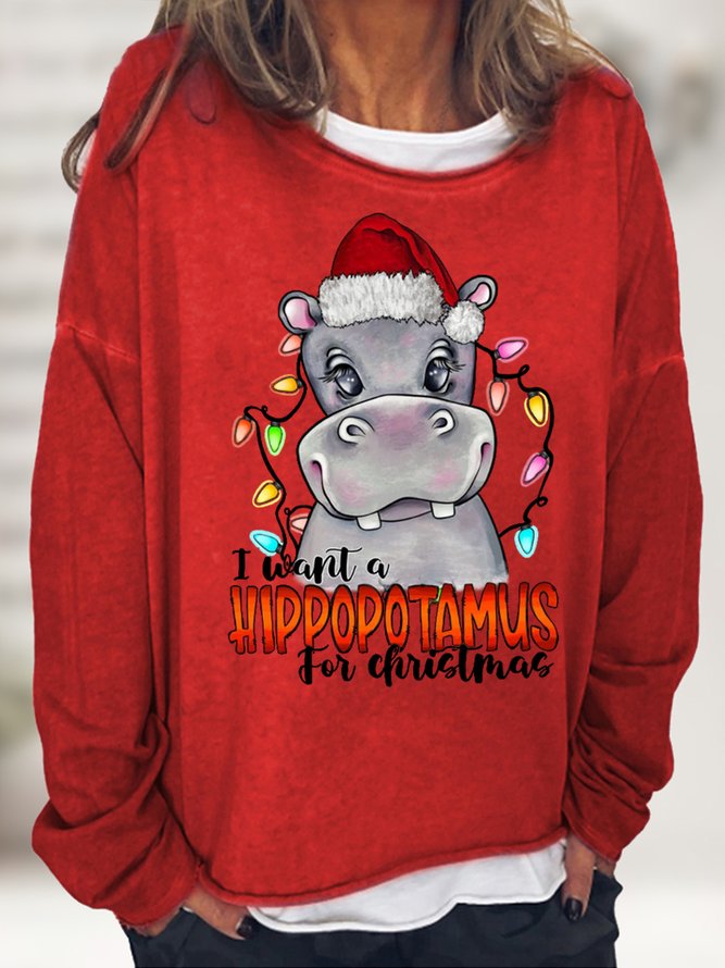 Women's I Want A Hippotamus For Christmas Funny Christmas Gnome Cotton-Blend Christmas Crew Neck Sweatshirt