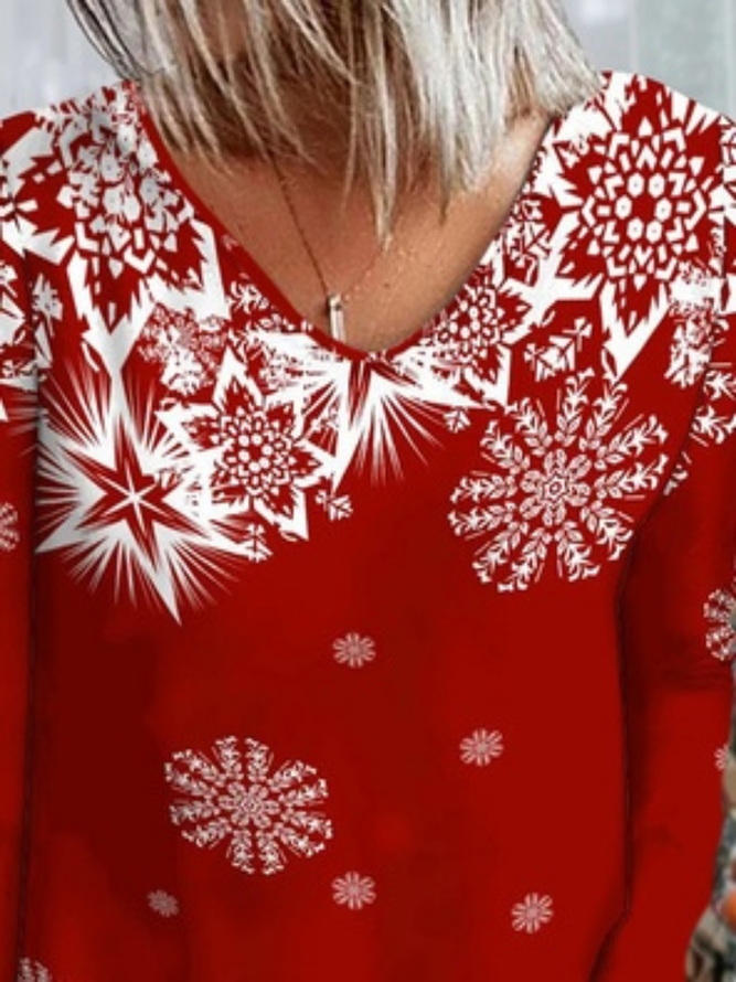 Christmas Snowflake Long Sleeve V Neck Casual T-Shirt Tunic