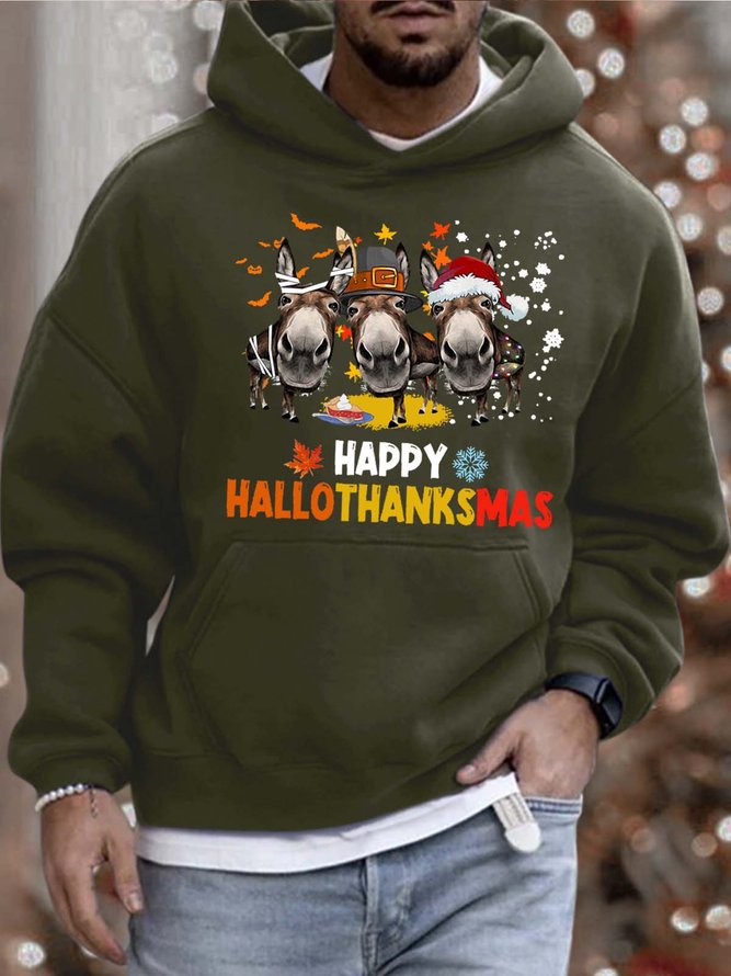 Men’s Happy Hallothanksmas Merry Christmas Donkeys Hoodie Loose Casual Sweatshirt