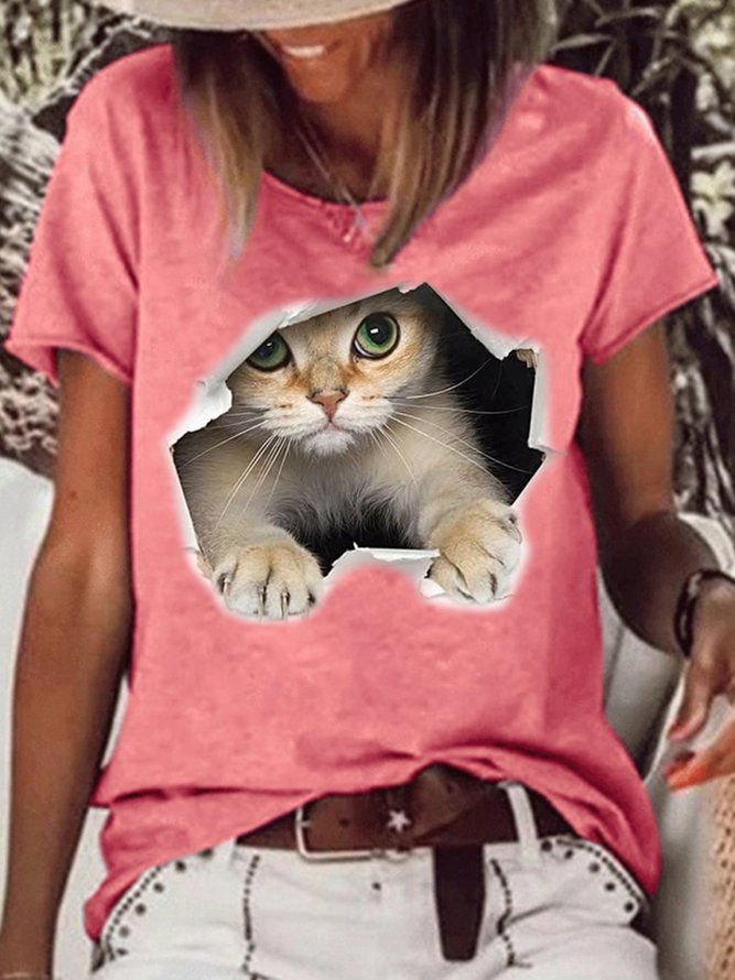 Women’s 3D Cat Print Crew Neck Casual T-Shirt