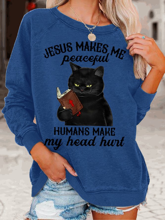 Women Jesus Makes Me Peaceful Casual Letters Sweatshirt