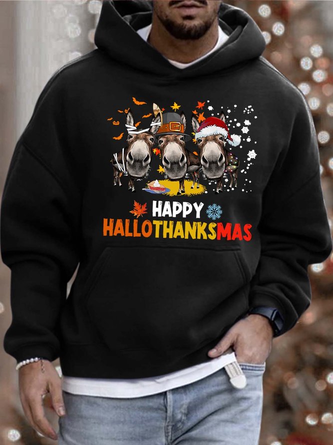 Men’s Happy Hallothanksmas Merry Christmas Donkeys Hoodie Loose Casual Sweatshirt