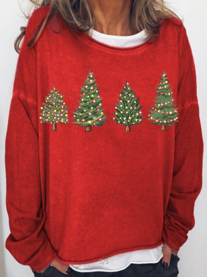 Women Christmas Tree Light Print Crew Neck Sweatshirt