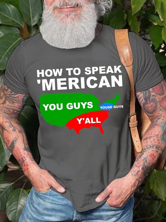 Men's How To Speak Meerican Funny Graphic Print Cotton Crew Neck Text Letters T-Shirt