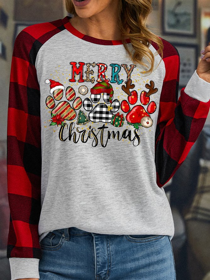Women's Merry Christmas Funny Buffalo Plaid Graphic Print Loose Crew Neck Top