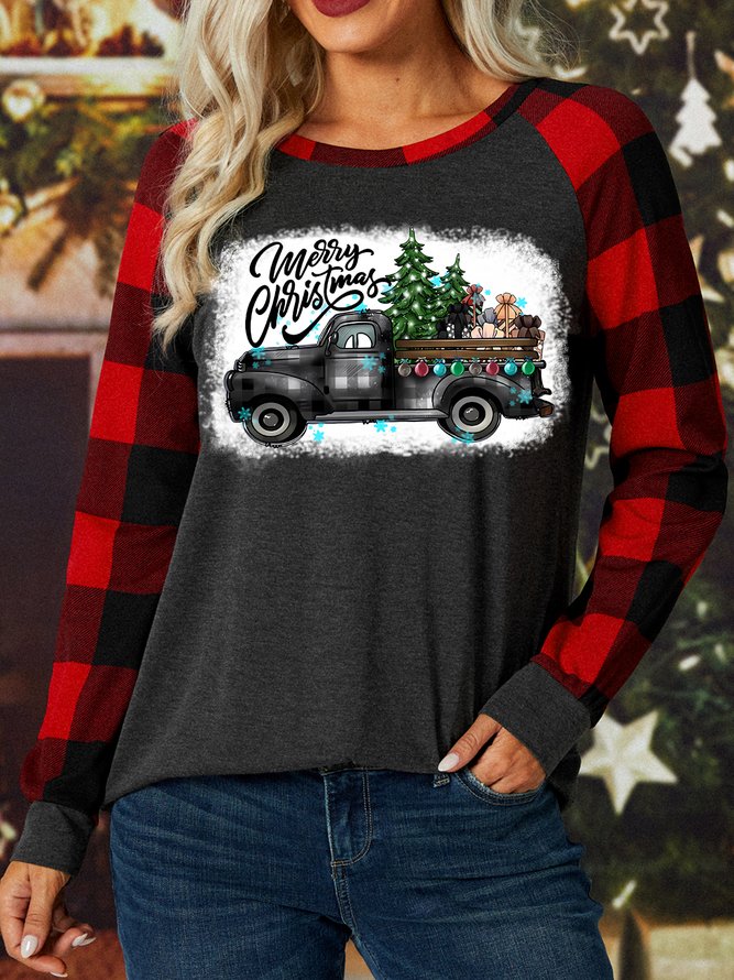 Women's Christmas Tree Car Bleach Funny Buffalo Plaid Graphic Print Merry Christmas Loose Crew Neck Top