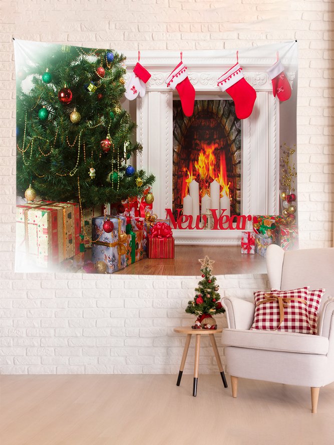 Christmas Tapestry Fireplace Xmas Tree Art For Backdrop Blanket Home Festival Decor In 51x60 Inches