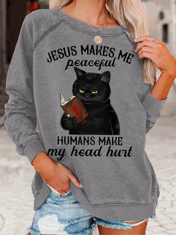 Women Jesus Makes Me Peaceful Casual Letters Sweatshirt