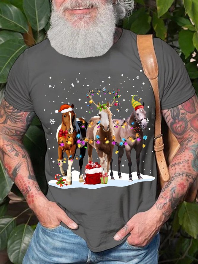 Men's Merry Christmas Horse Funny Graphic Print Crew Neck Cotton T-Shirt