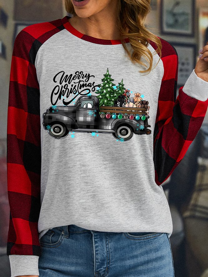Women's Christmas Tree Car Bleach Funny Buffalo Plaid Graphic Print Merry Christmas Loose Crew Neck Top
