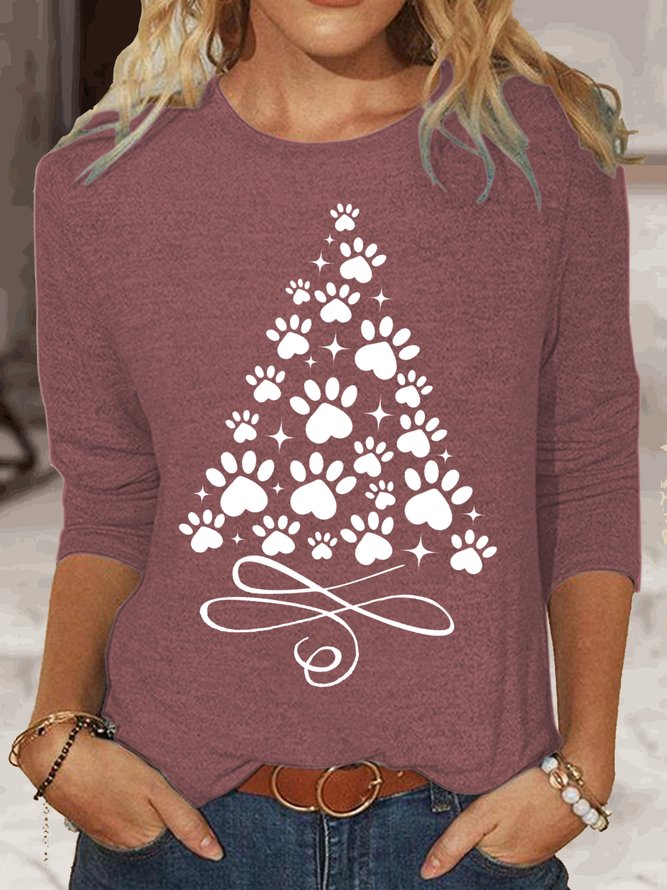 Women's Christmas Paw Tree Print Casual Top