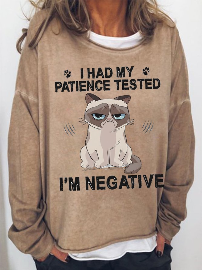 Men's I Had My Patience Tested I Am Negative Wronged Cat Funny Graphic Print Crew Neck Text Letters Casual Cotton-Blend Sweatshirt