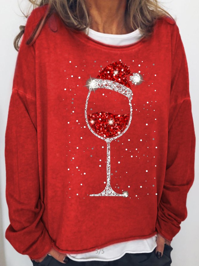 Women‘s Christmas Wine Print Crew Neck Casual Sweatshirt