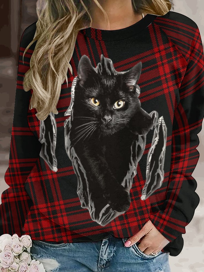 Women's Black Cat Crew Neck Plaid Raglan Sleeve Sweatshirt