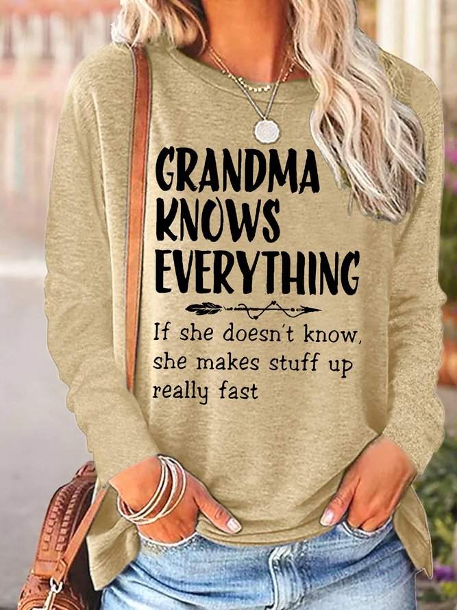 Women's Grandma Knows Everything Funny Graphic Print Text Letters Cotton-Blend Casual Crew Neck Top