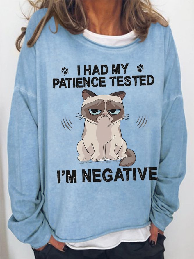 Men's I Had My Patience Tested I Am Negative Wronged Cat Funny Graphic Print Crew Neck Text Letters Casual Cotton-Blend Sweatshirt