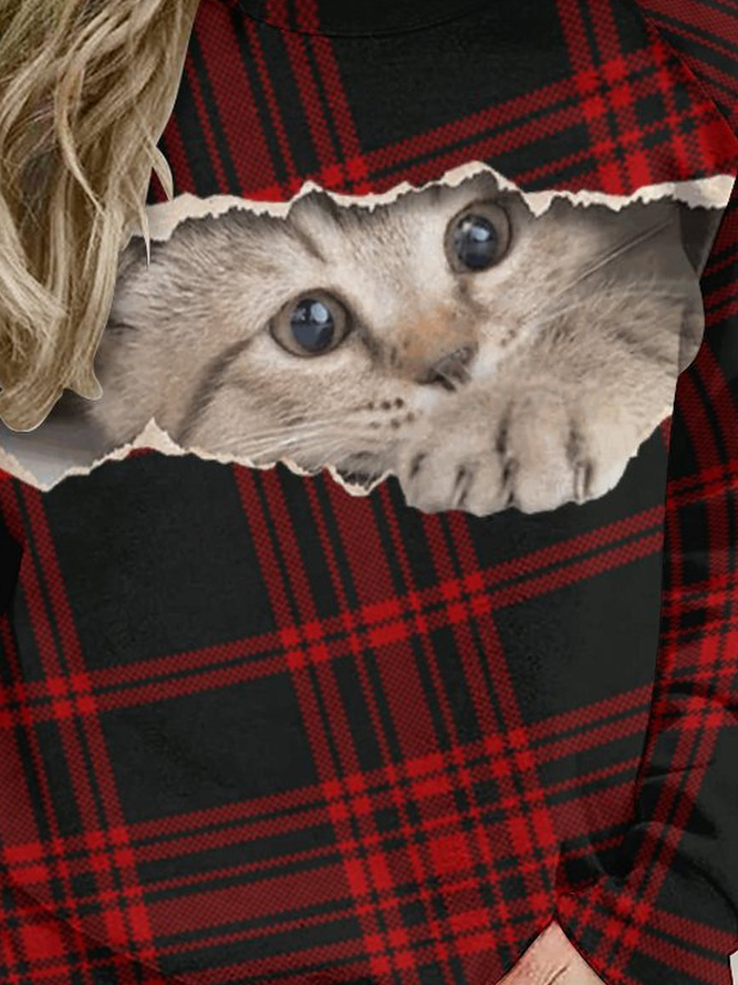 Women's Funny Cat Raglan Sleeve Plaid Sweatshirt