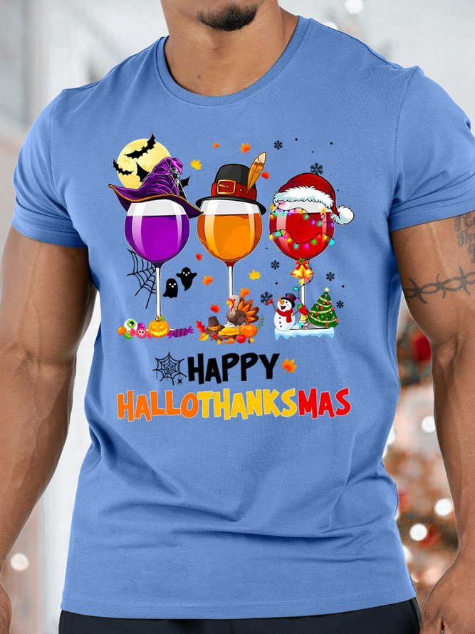 Men's Happy Hallothanksmas Three Red Wine Glasses Funny Graphic Print Crew Neck Cotton Casual T-Shirt