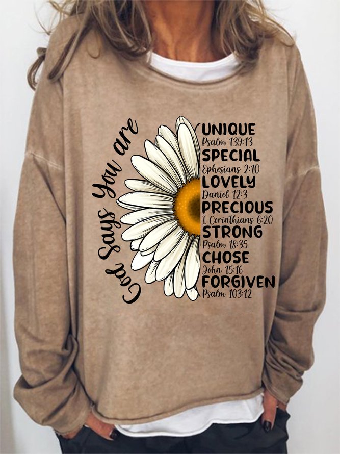 Women's Christian Positive Words Daisy Loose Crew Neck Text Letters Simple Sweatshirt