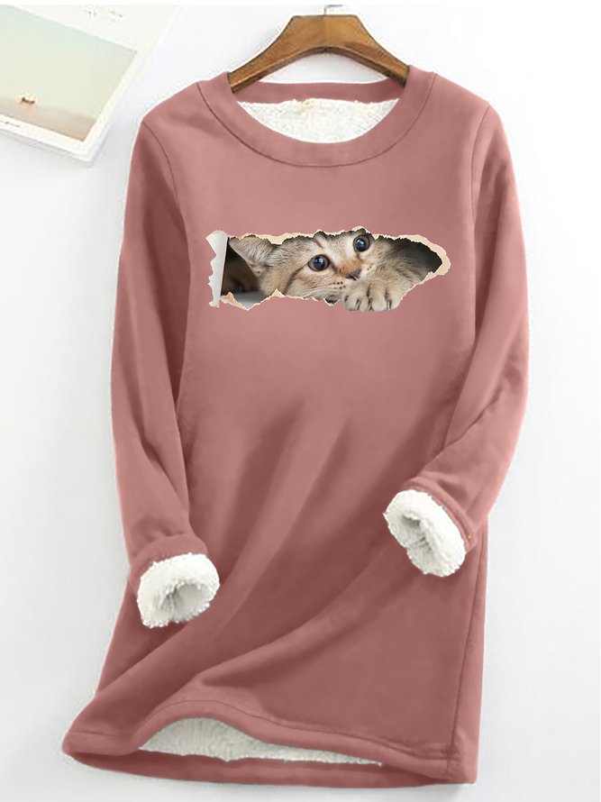 Women Funny Cat Simple Warmth Fleece Sweatshirt