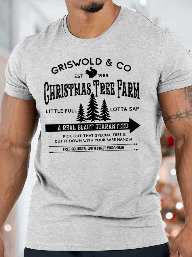 Men's Christmas Tree Farm Funny Graphic Print Cotton Casual Loose T-Shirt