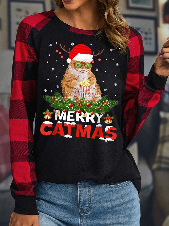 Women’s Merry Catmas Cat Hat Christmas Casual Polyester Cotton Top