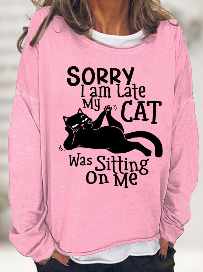 Women's black cat Text Letters Loose Simple Crew Neck Sweatshirt