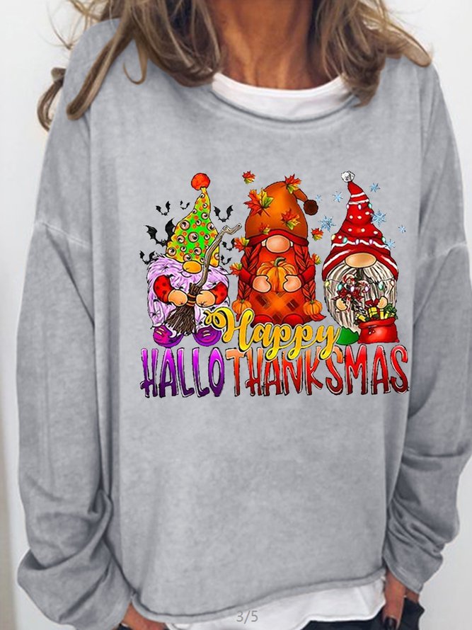 Women's Gnomes Halloween Thanksgiving Christmas Happy Casual Letters Sweatshirt