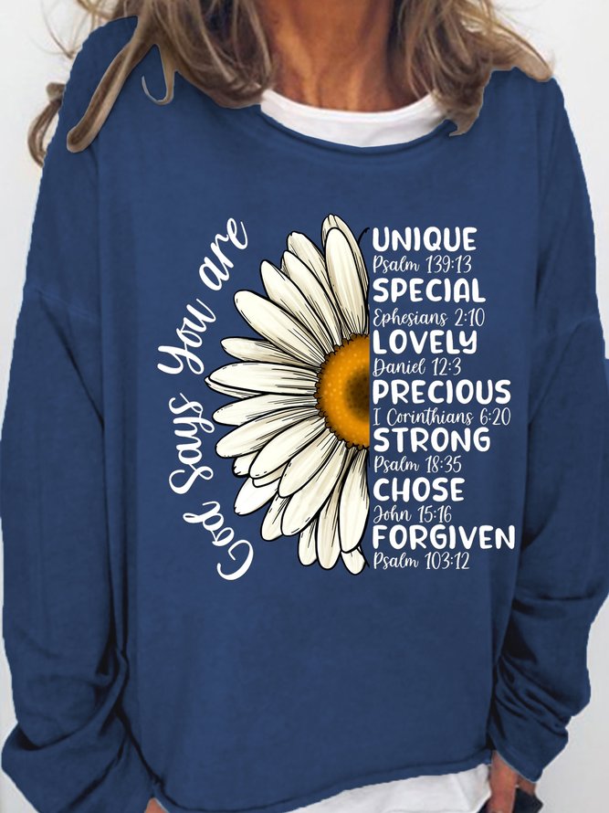 Women's Christian Positive Words Daisy Loose Crew Neck Text Letters Simple Sweatshirt