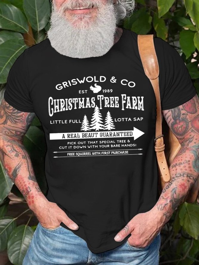 Men's Christmas Tree Farm Funny Graphic Print Cotton Casual Loose T-Shirt