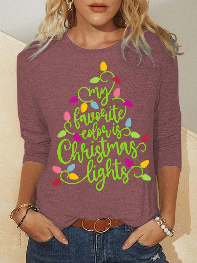 Women's My Favorite Color Is Christma Lights Christmas Tree Funny Graphic Print Black Cat Crew Neck Cotton-Blend Casual Regular Fit Top