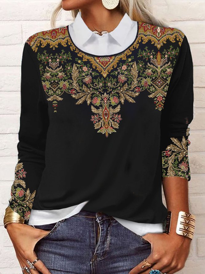 Loose Casual Ethnic Printed Color Block Jersey Top