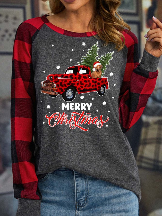 Women’s Merry Christmas Tree Dog Hat Casual Polyester Cotton Christmas Crew Neck Top