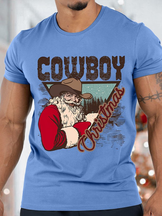 Men's Cowboy Christmas Santa Funny Graphics Print Loose Casual Crew Neck Cotton T-Shirt