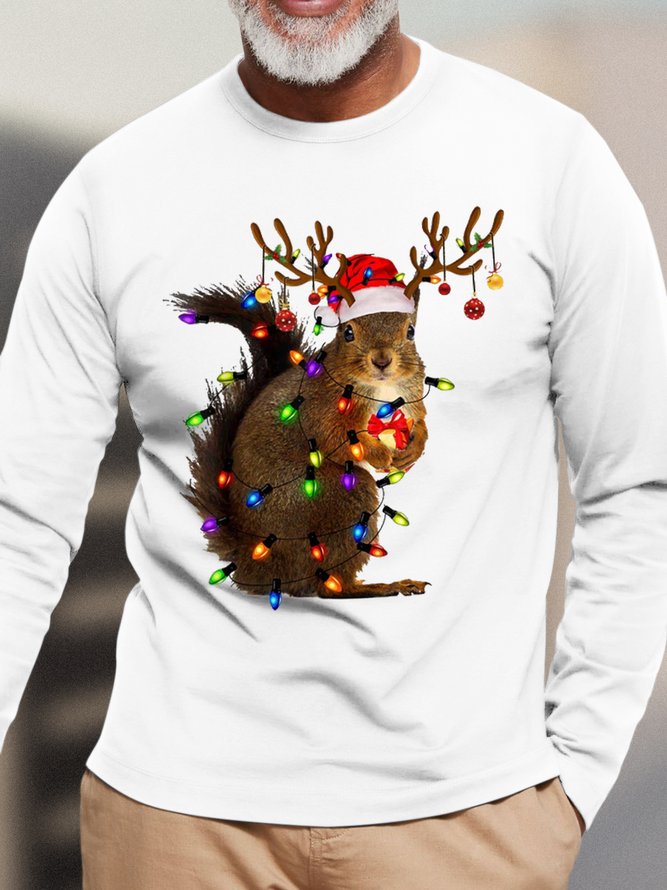 Men's Squirrel Christmas Lights Funny Graphics Print Cotton Loose Casual Top