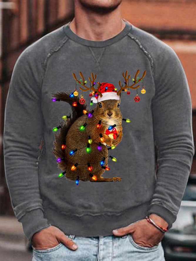 Men's Squirrel Christmas Lights Funny Graphics Print Crew Neck Cotton-Blend Casual Sweatshirt