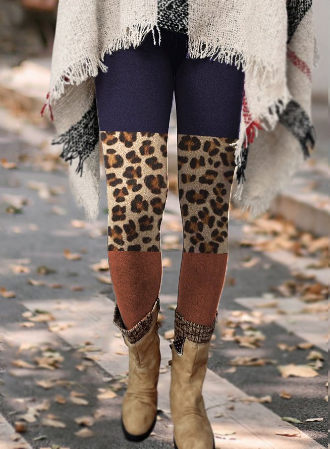 Women's Regular Fit Simple Color Block Leopard Leggings