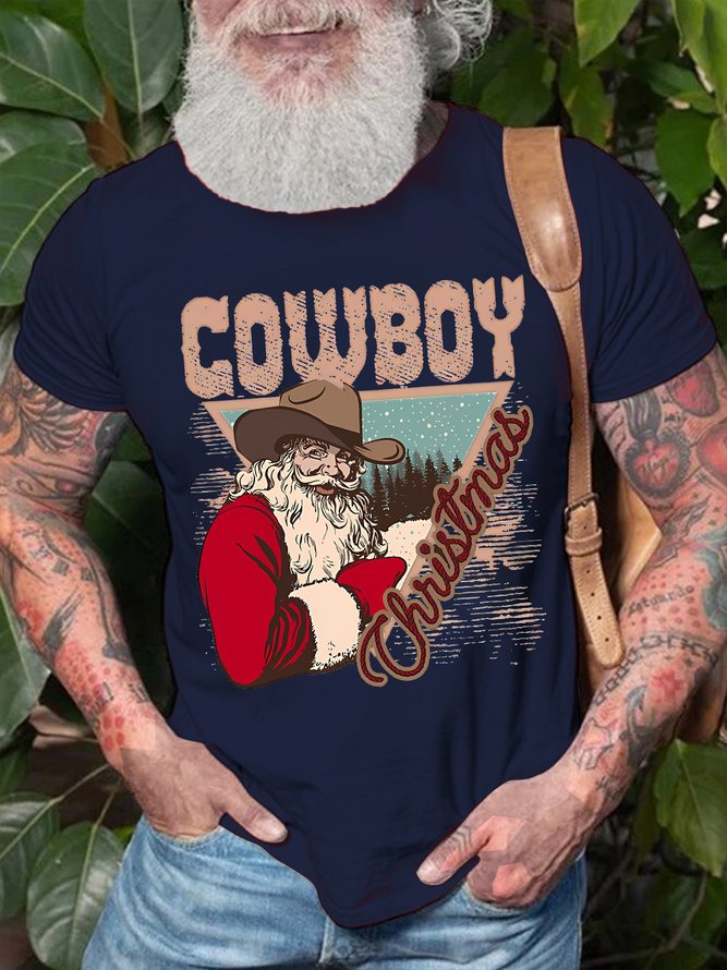 Men's Cowboy Christmas Santa Funny Graphics Print Loose Casual Crew Neck Cotton T-Shirt