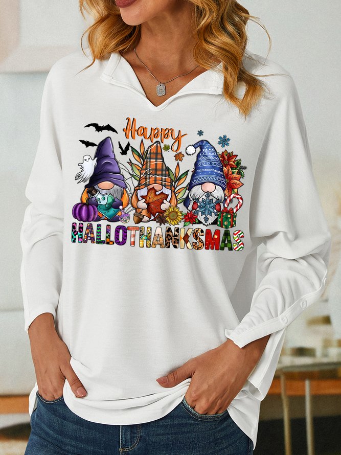 Women's Happy Hallitanksmas Merry Christmas Funny Christmas Gnome Graphic Print Loose Christmas Snowman Simple V Neck Sweatshirt
