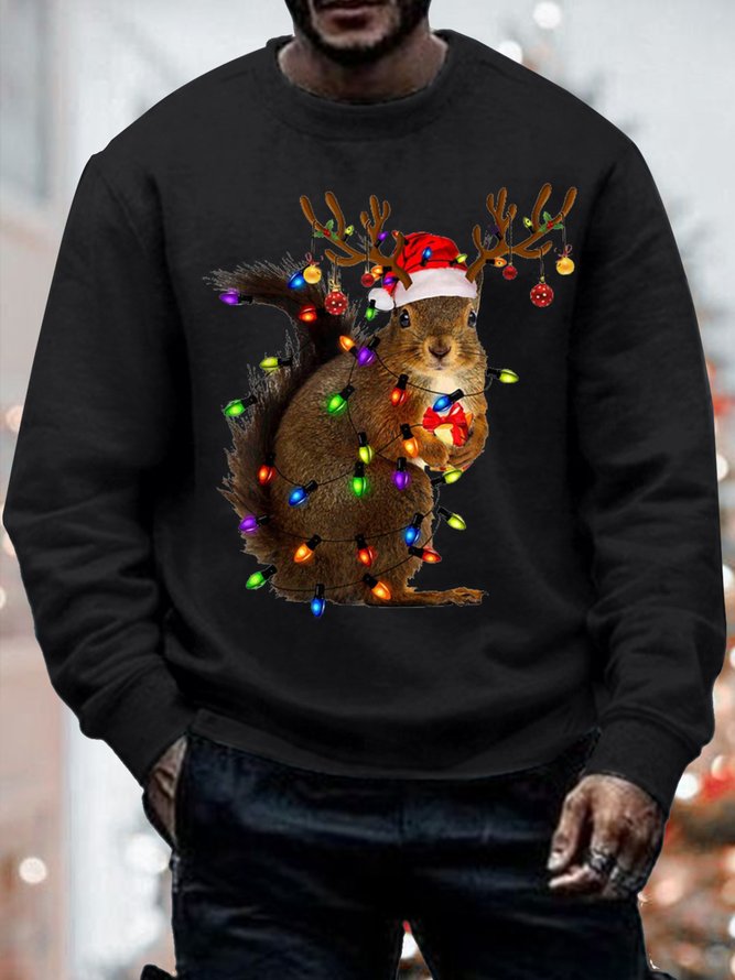Men's Squirrel Christmas Lights Funny Graphics Print Cotton-Blend Casual Sweatshirt